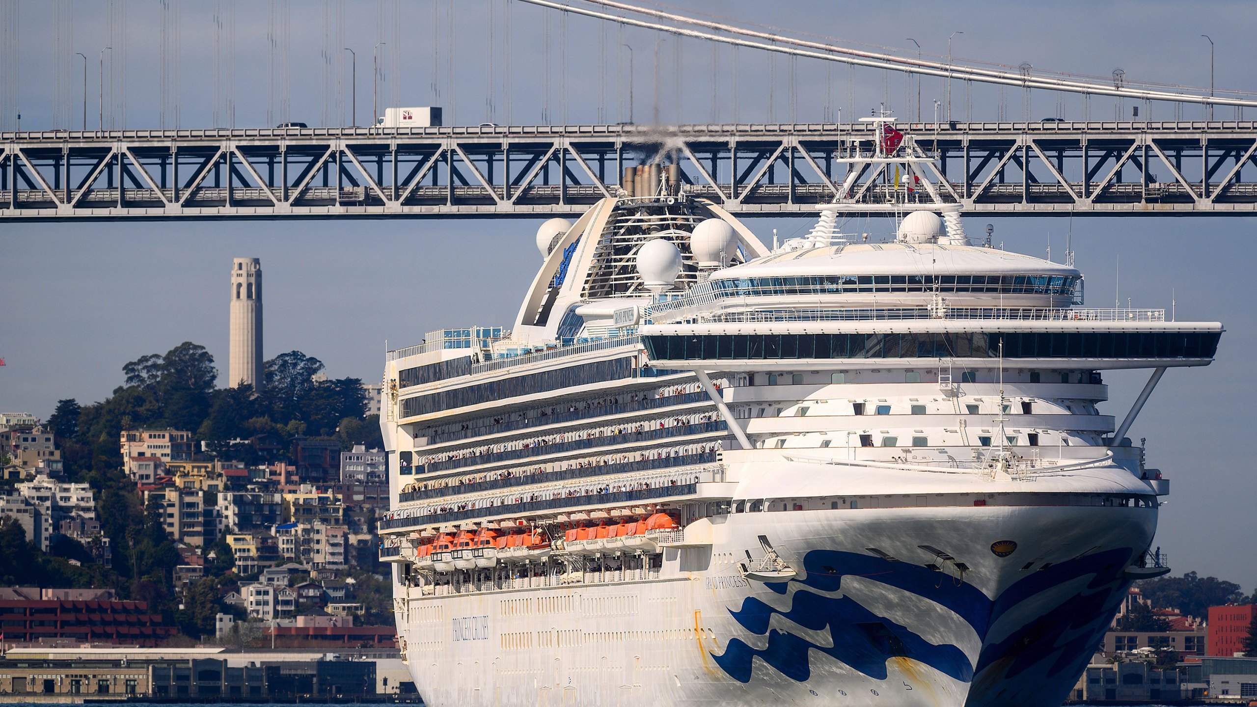 The Grand Princess docked in Oakland after days of being kept at sea due to concerns over coronavirus cases onboard. (Noah Berger/AP)