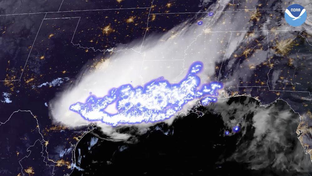 Satellite imagery of the thunderstorm complex containing the longest lightning strike on record.